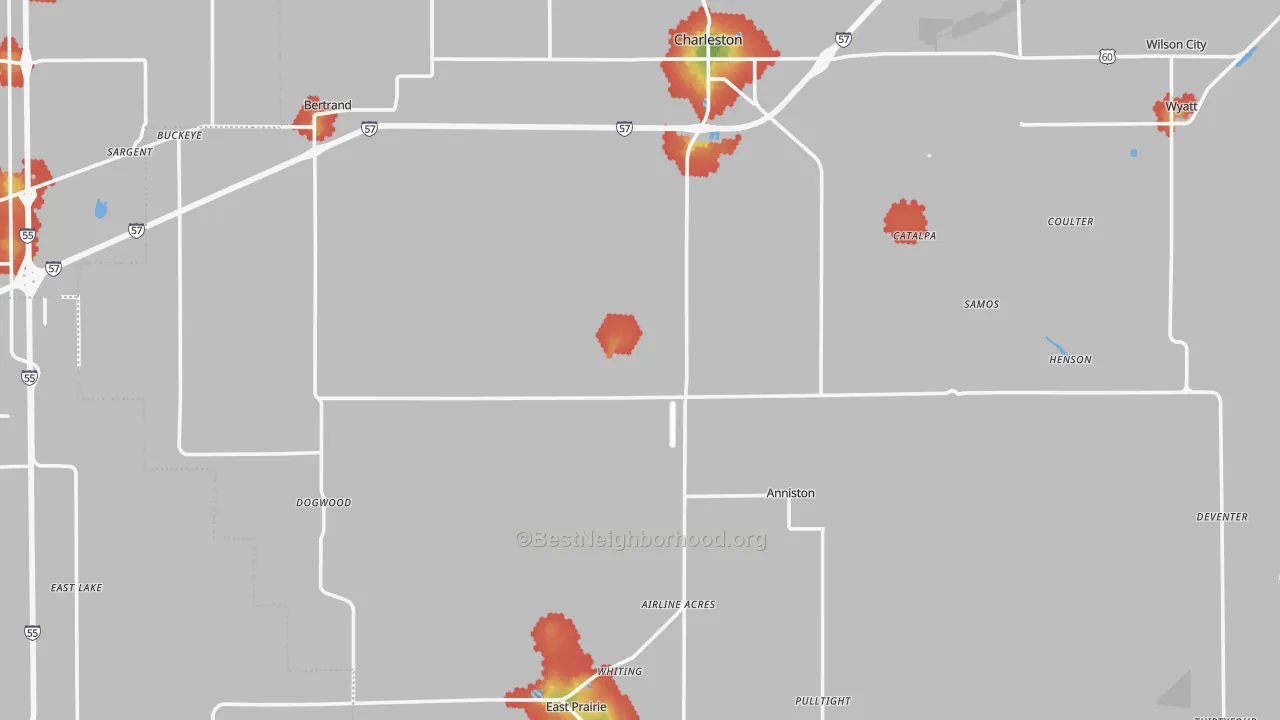Walk Grade map of Mississippi County, MO, walkable areas in green and car-dependent areas in red