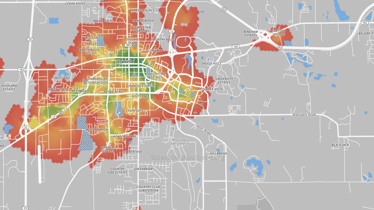 Walk Grade map of Mississippi State, MS, walkable areas in green and car-dependent areas in red