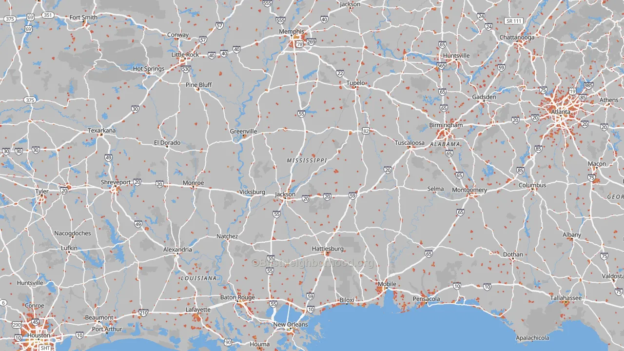Walk Grade map of Mississippi, walkable areas in green and car-dependent areas in red