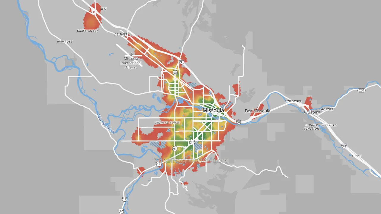 Walk Grade map of Missoula County, MT, walkable areas in green and car-dependent areas in red