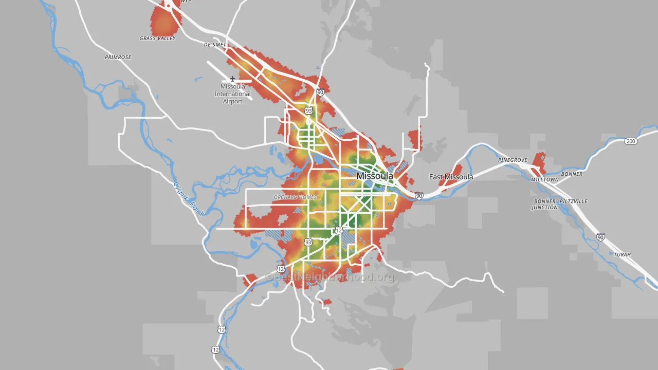 Walk Grade map of Missoula, MT, walkable areas in green and car-dependent areas in red