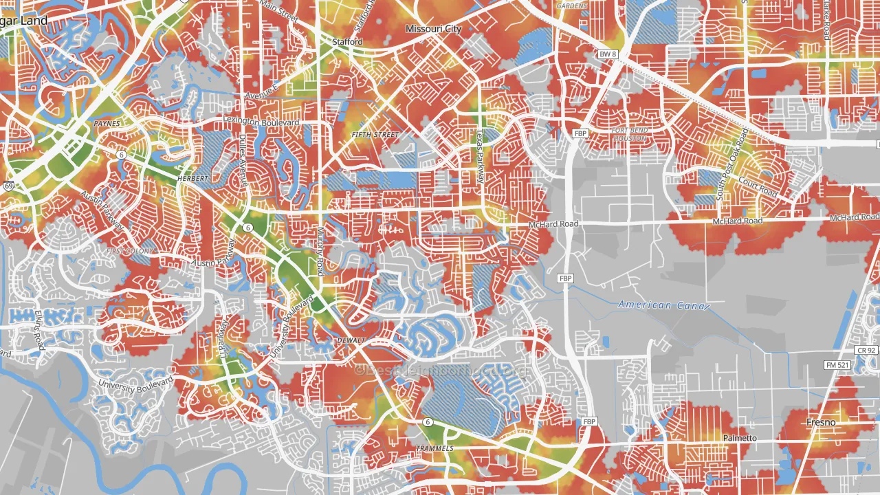 Walk Grade map of Missouri City, TX, walkable areas in green and car-dependent areas in red