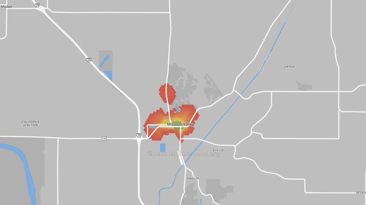 Walk Grade map of Missouri Valley, IA, walkable areas in green and car-dependent areas in red