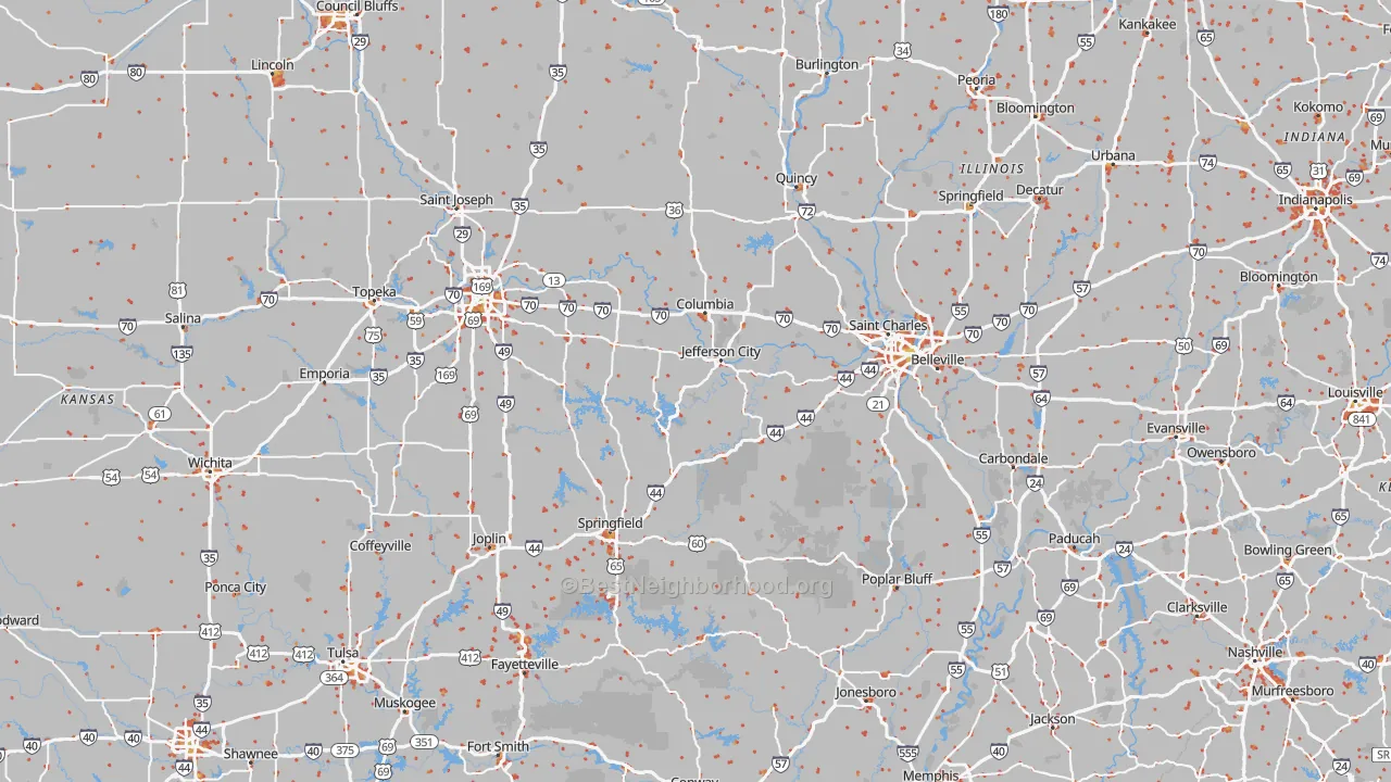 Walk Grade map of Missouri, walkable areas in green and car-dependent areas in red
