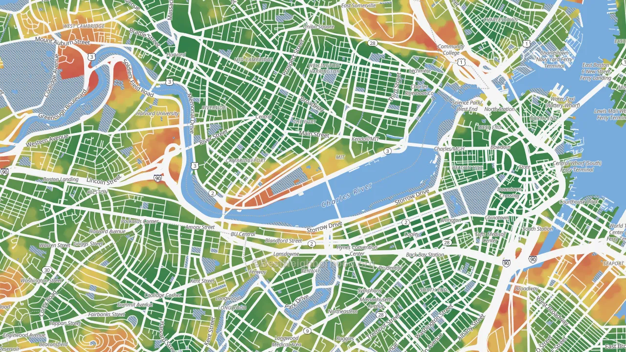 Walk Grade map of MIT, Cambridge, MA, walkable areas in green and car-dependent areas in red