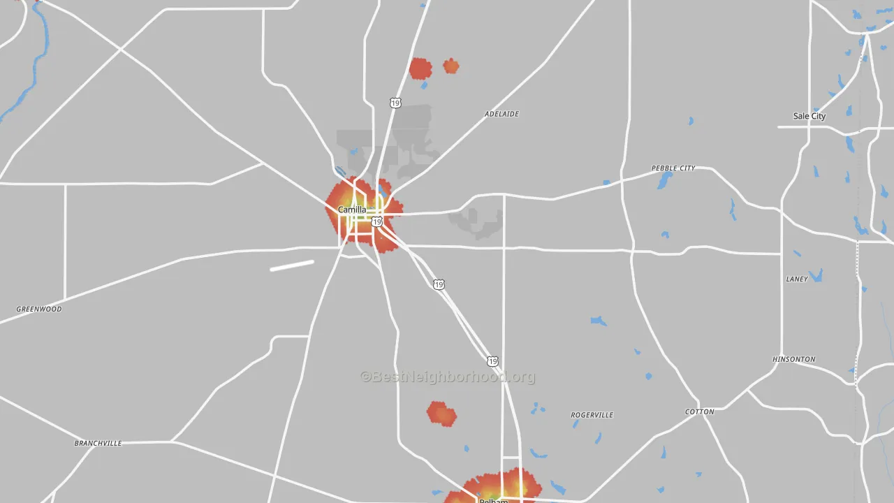 Walk Grade map of Mitchell County, GA, walkable areas in green and car-dependent areas in red