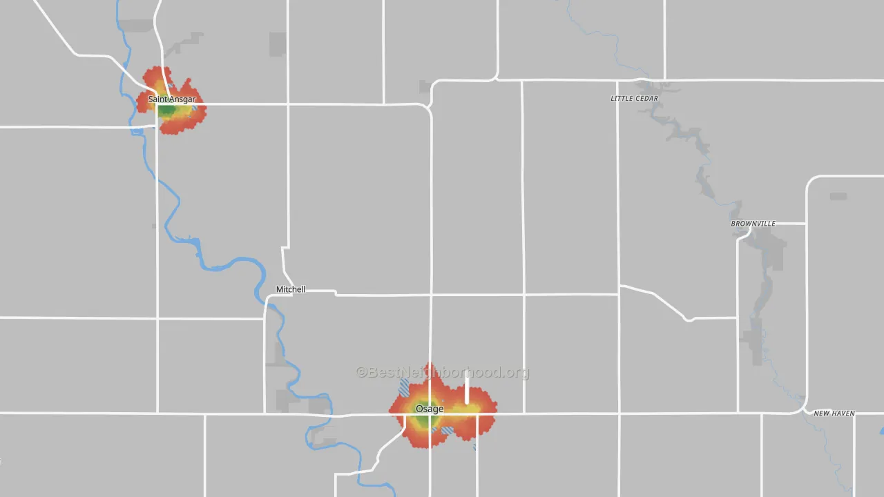 Walk Grade map of Mitchell County, IA, walkable areas in green and car-dependent areas in red