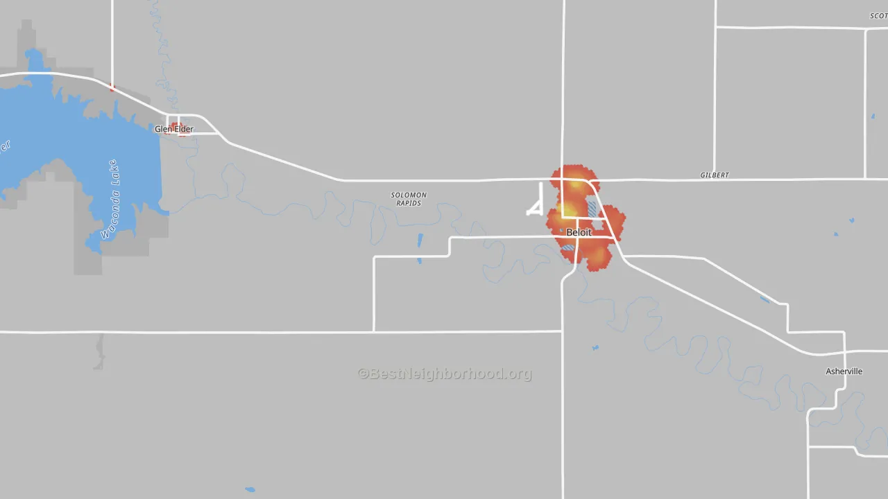 Walk Grade map of Mitchell County, KS, walkable areas in green and car-dependent areas in red