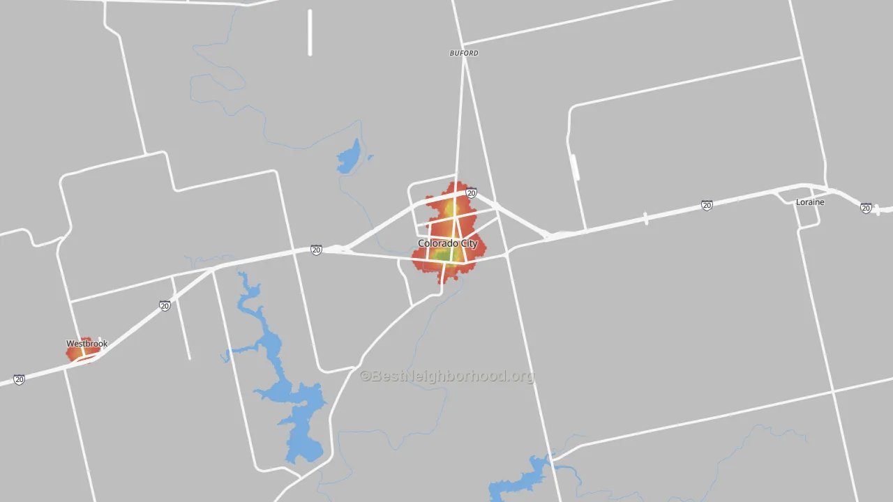 Walk Grade map of Mitchell County, TX, walkable areas in green and car-dependent areas in red