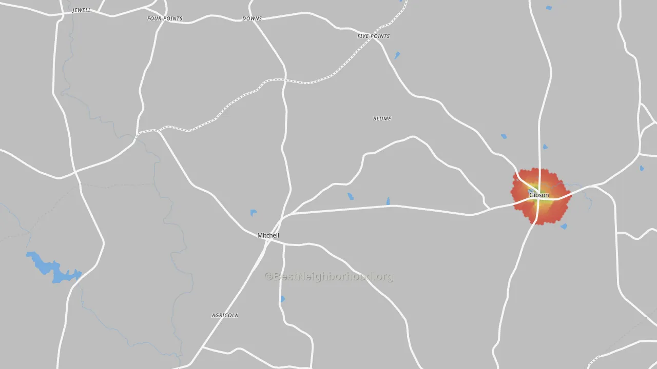 Walk Grade map of Mitchell, GA, walkable areas in green and car-dependent areas in red
