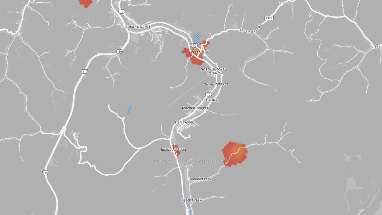 Walk Grade map of Mitchell Heights, WV, walkable areas in green and car-dependent areas in red