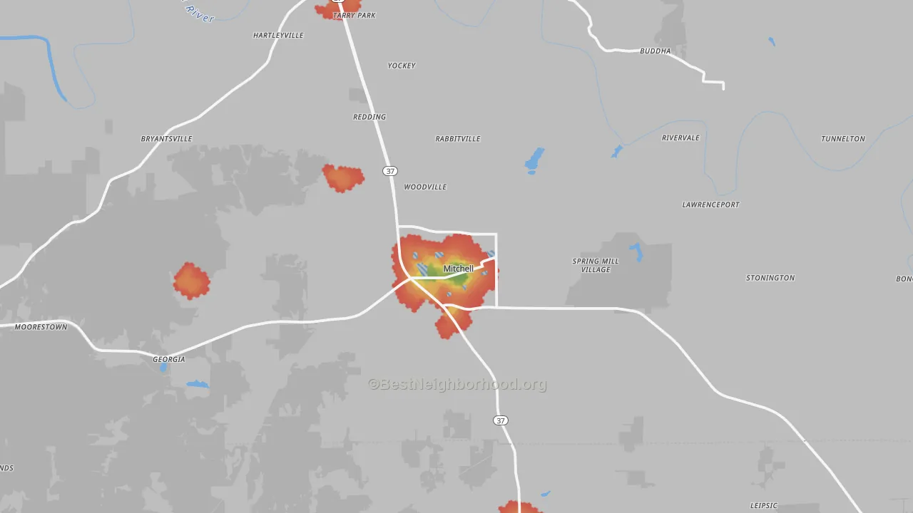 Walk Grade map of Mitchell, IN, walkable areas in green and car-dependent areas in red