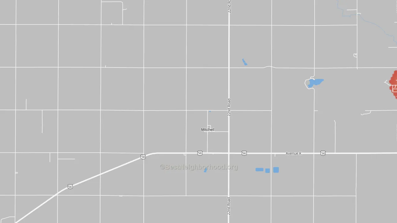 Walk Grade map of Mitchell, KS, walkable areas in green and car-dependent areas in red