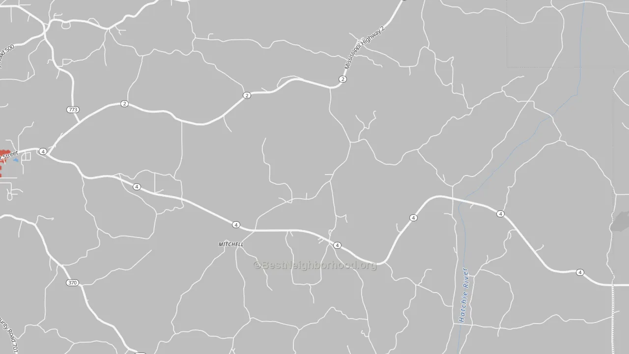 Walk Grade map of Mitchell, MS, walkable areas in green and car-dependent areas in red