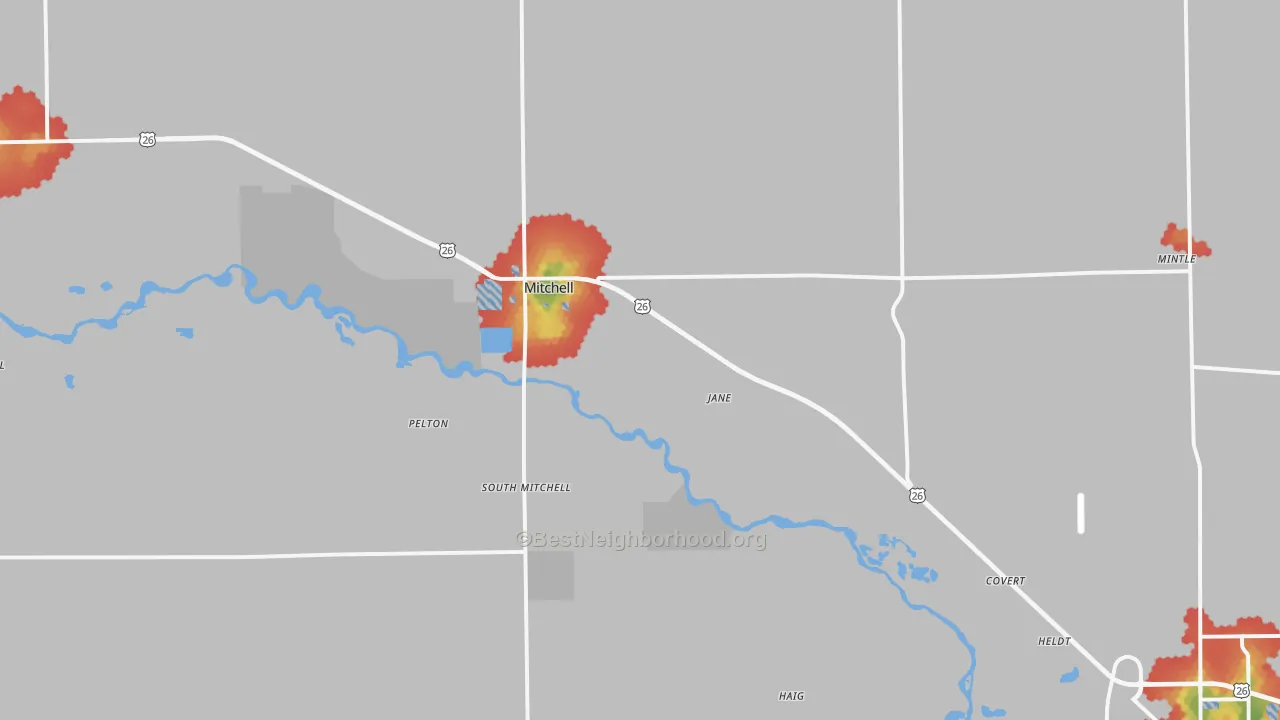 Walk Grade map of Mitchell, NE, walkable areas in green and car-dependent areas in red