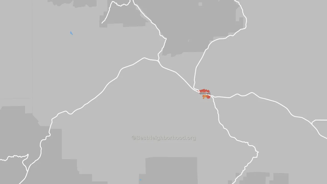 Walk Grade map of Mitchell, OR, walkable areas in green and car-dependent areas in red