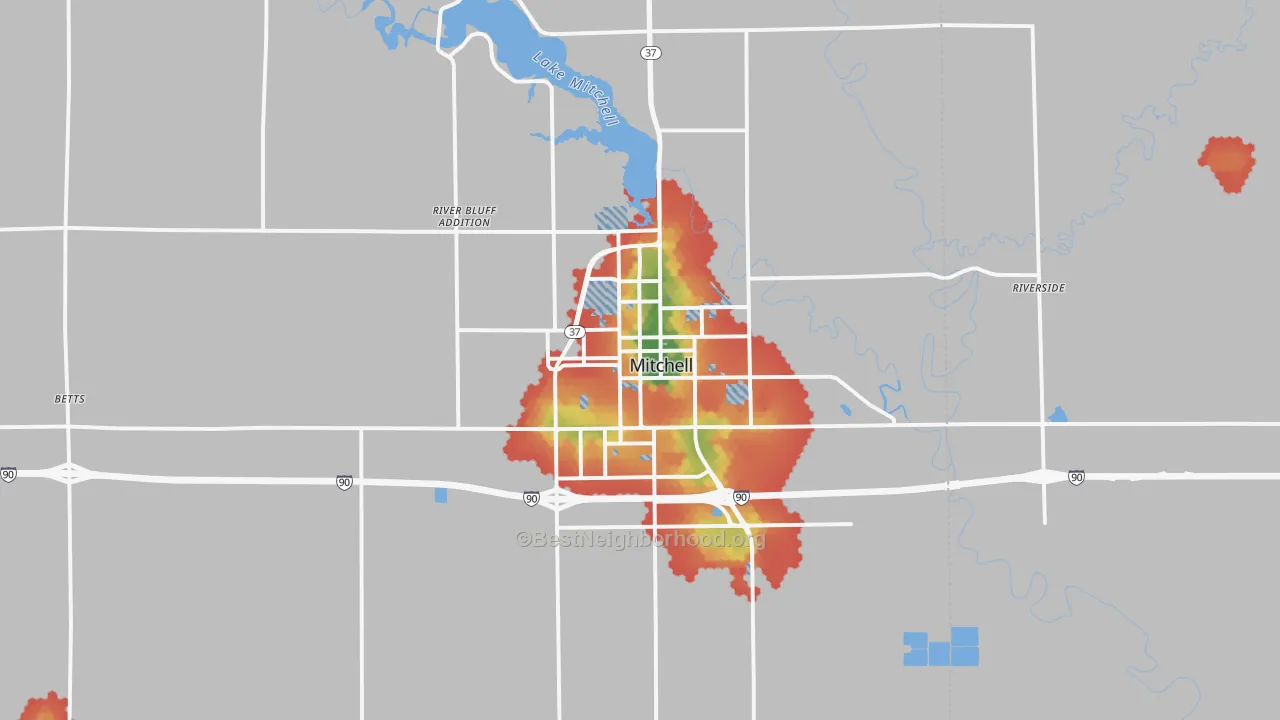 Walk Grade map of Mitchell, SD, walkable areas in green and car-dependent areas in red