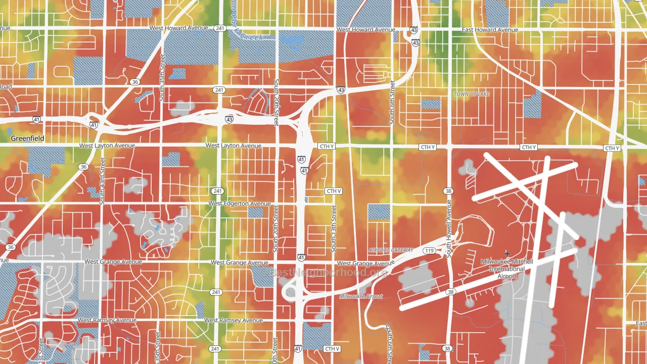 Walk Grade map of Mitchell West, Milwaukee, WI, walkable areas in green and car-dependent areas in red