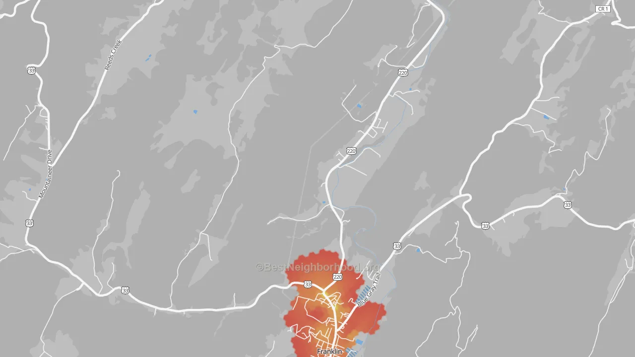 Walk Grade map of Mitchell, WV, walkable areas in green and car-dependent areas in red