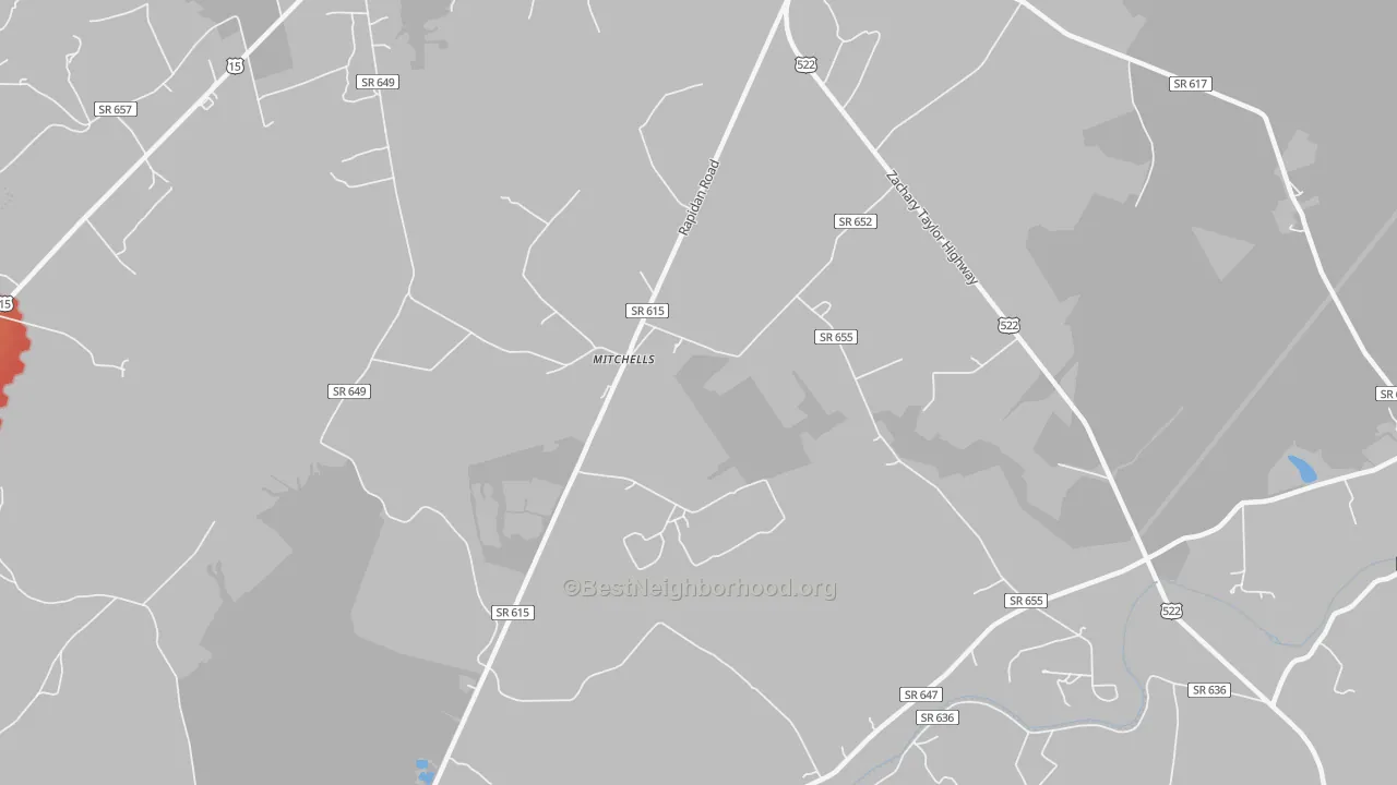 Walk Grade map of Mitchells, VA, walkable areas in green and car-dependent areas in red