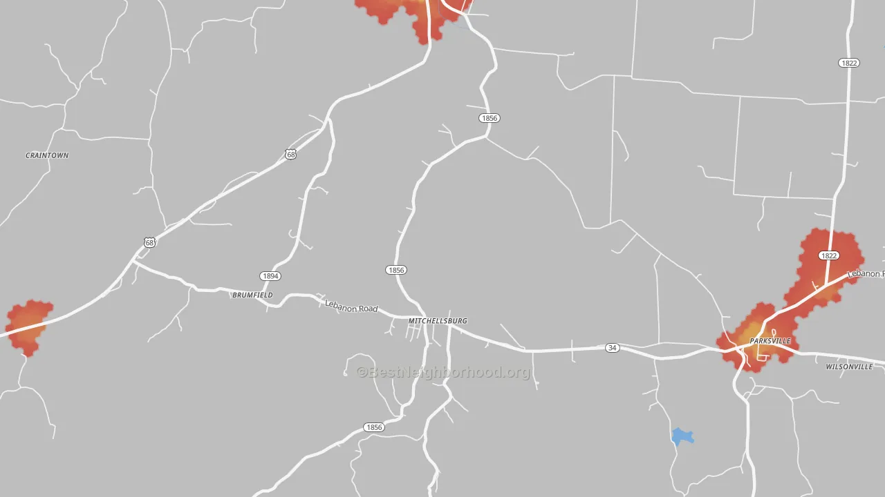 Walk Grade map of Mitchellsburg, KY, walkable areas in green and car-dependent areas in red