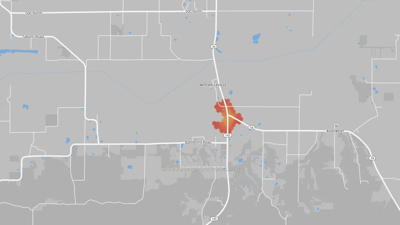 Walk Grade map of Mitchellsville, IL, walkable areas in green and car-dependent areas in red