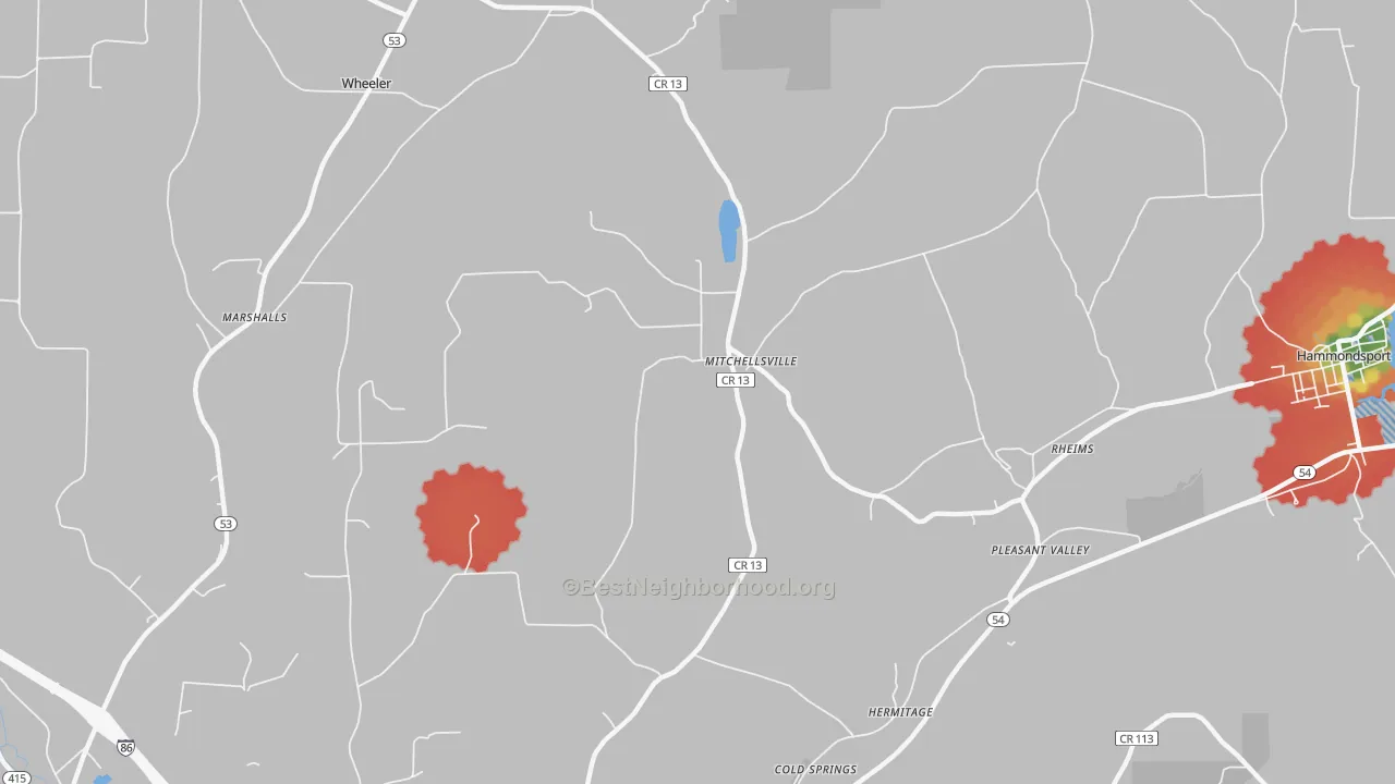 Walk Grade map of Mitchellsville, NY, walkable areas in green and car-dependent areas in red