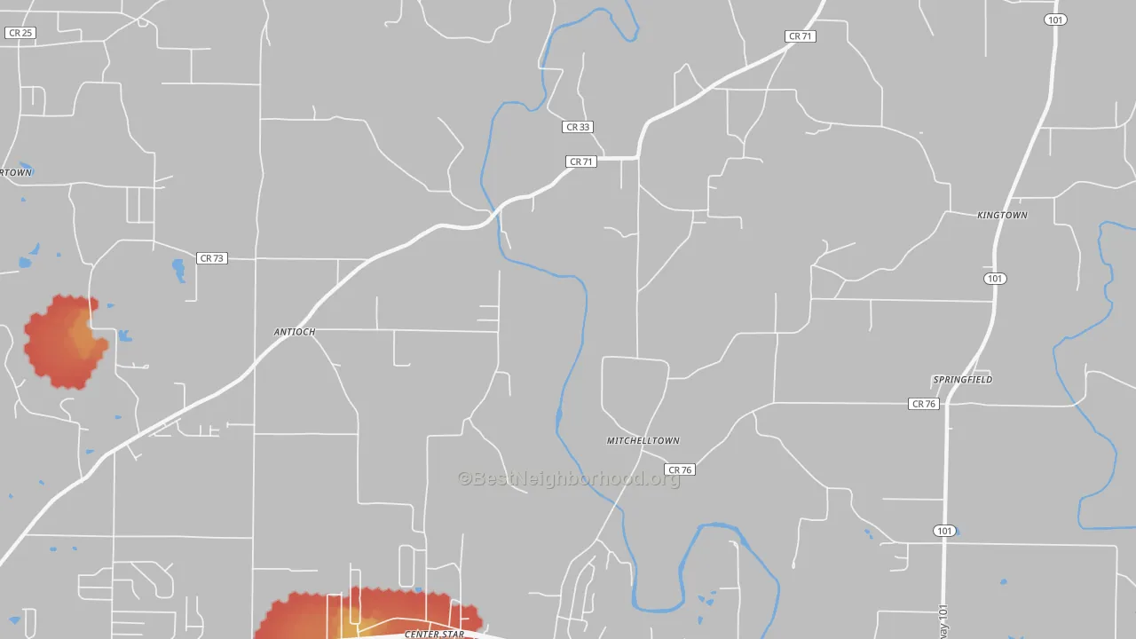 Walk Grade map of Mitchelltown, AL, walkable areas in green and car-dependent areas in red