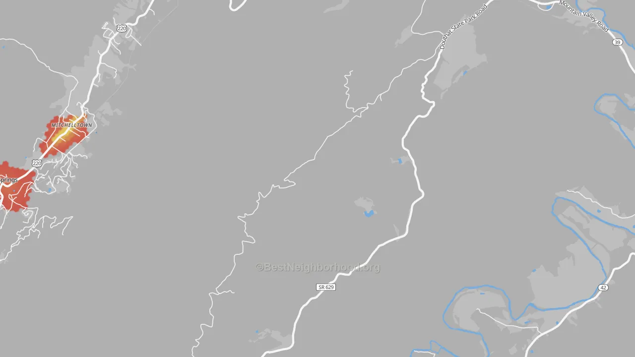 Walk Grade map of Mitchelltown, VA, walkable areas in green and car-dependent areas in red