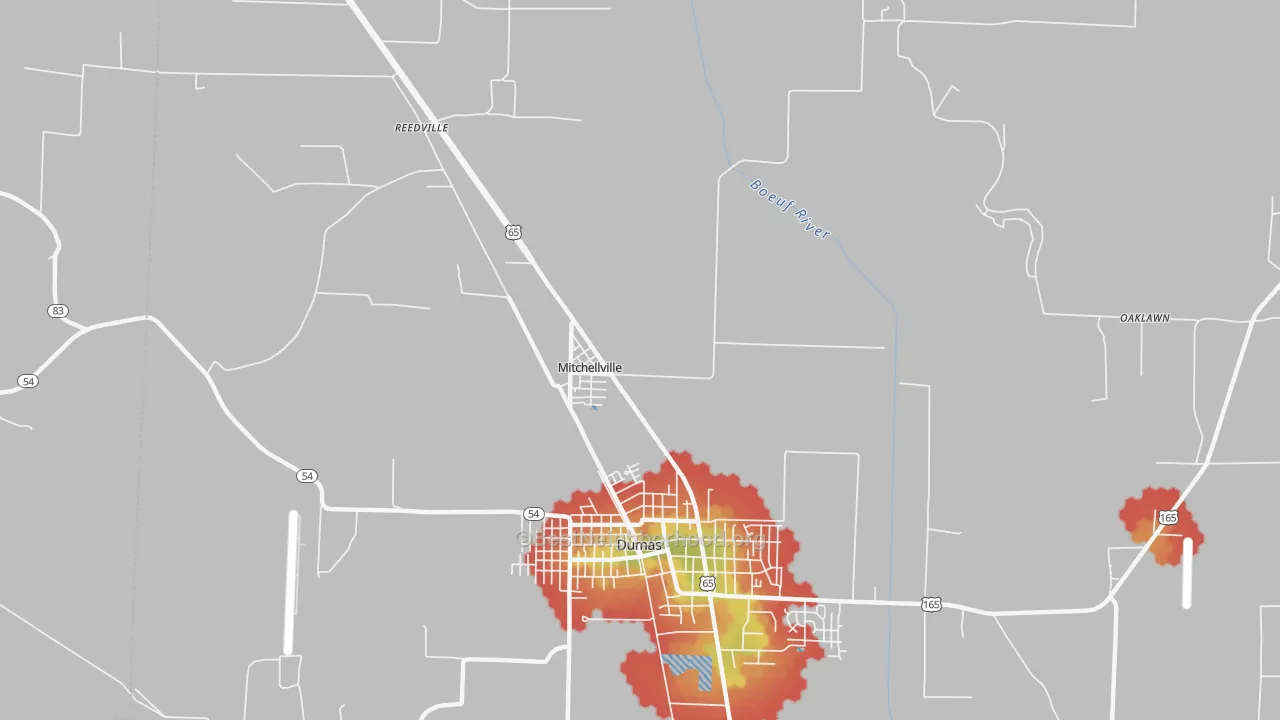 Walk Grade map of Mitchellville, AR, walkable areas in green and car-dependent areas in red