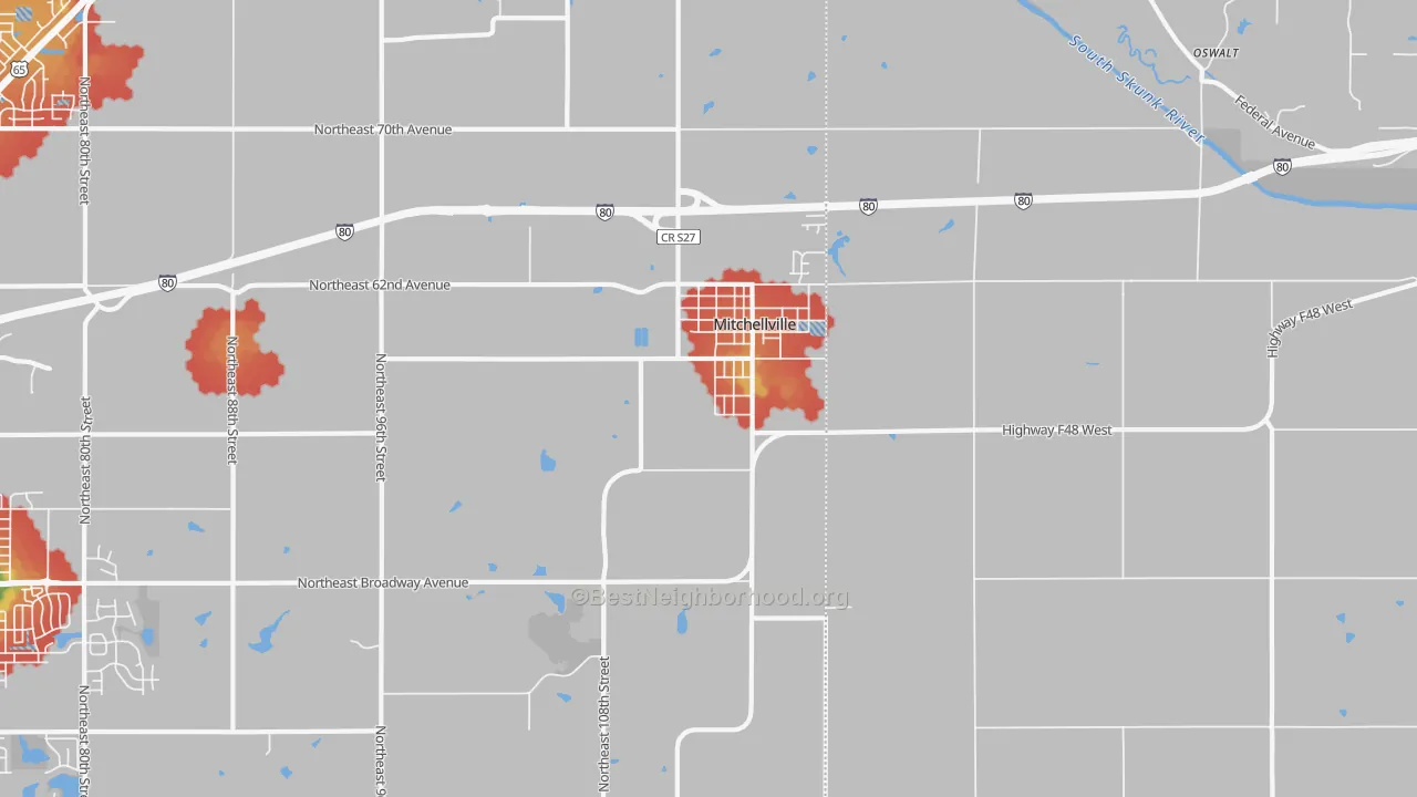 Walk Grade map of Mitchellville, IA, walkable areas in green and car-dependent areas in red