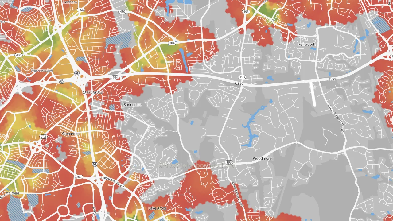 Walk Grade map of Mitchellville, MD, walkable areas in green and car-dependent areas in red