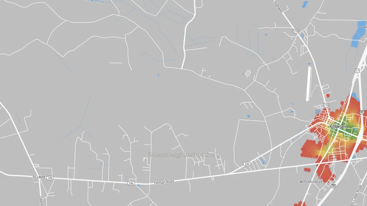 Walk Grade map of Mitchellville, SC, walkable areas in green and car-dependent areas in red
