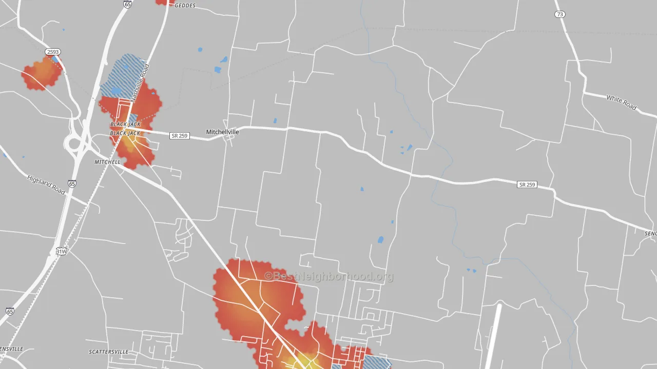 Walk Grade map of Mitchellville, TN, walkable areas in green and car-dependent areas in red