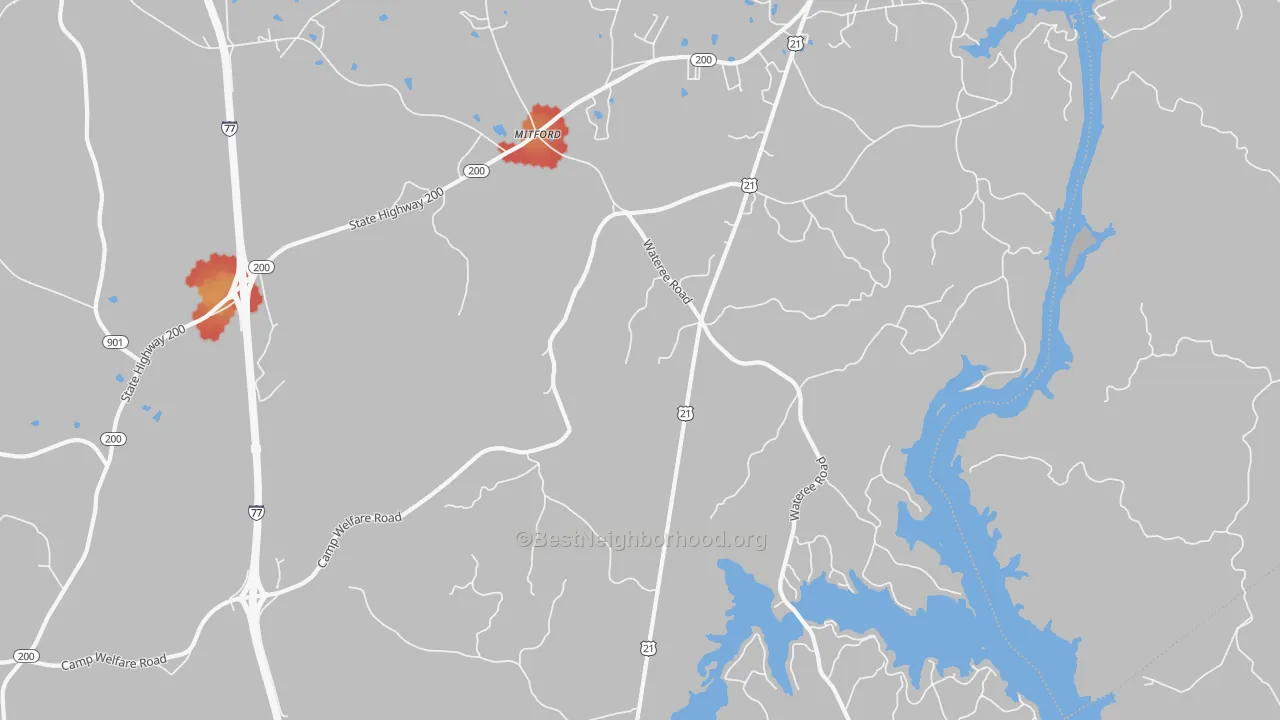 Walk Grade map of Mitford, SC, walkable areas in green and car-dependent areas in red