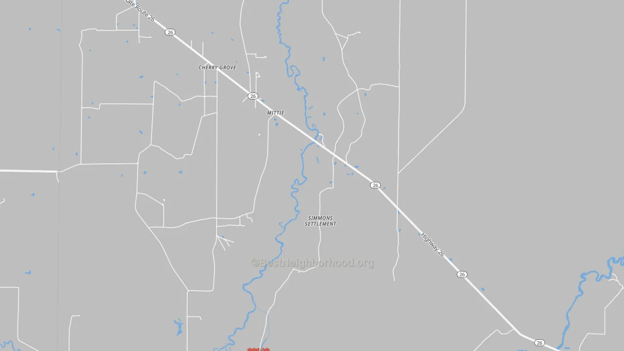 Walk Grade map of Mittie, LA, walkable areas in green and car-dependent areas in red