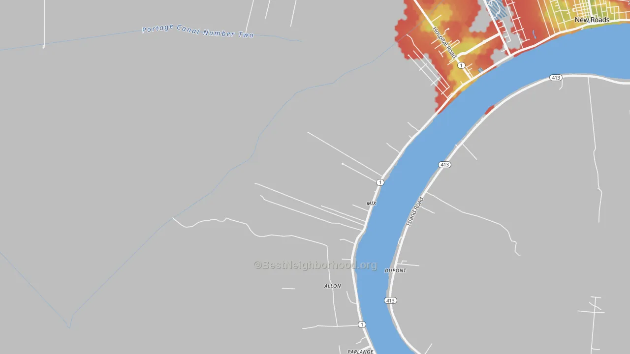 Walk Grade map of Mix, LA, walkable areas in green and car-dependent areas in red