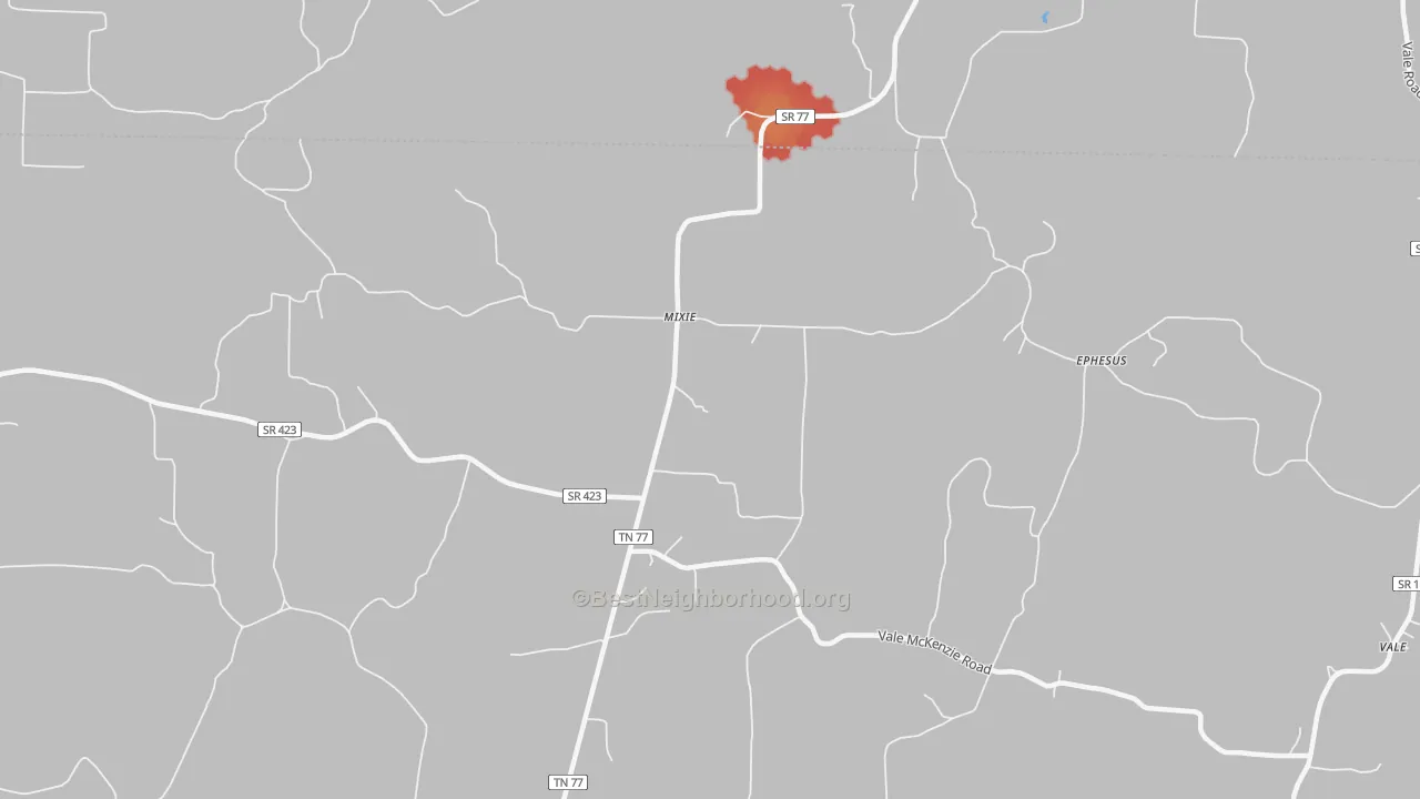 Walk Grade map of Mixie, TN, walkable areas in green and car-dependent areas in red