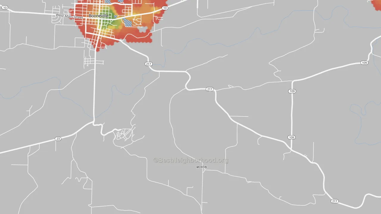Walk Grade map of Mixon, AR, walkable areas in green and car-dependent areas in red