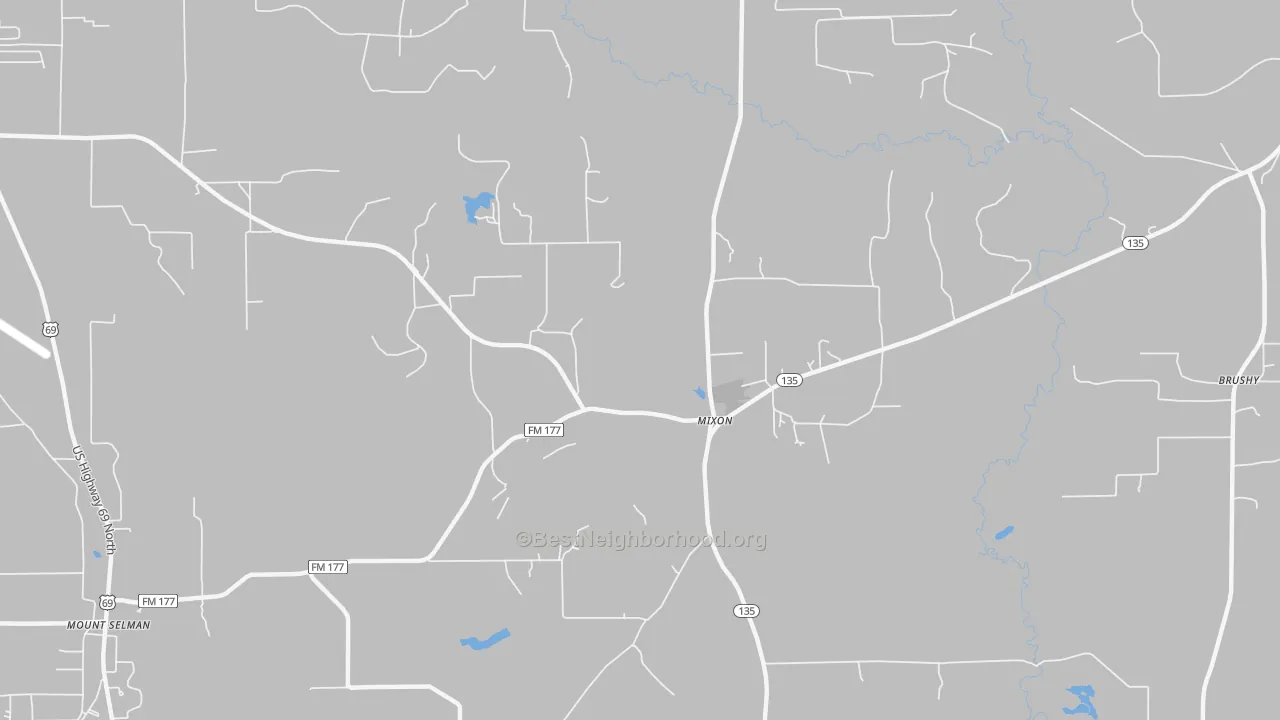 Walk Grade map of Mixon, TX, walkable areas in green and car-dependent areas in red