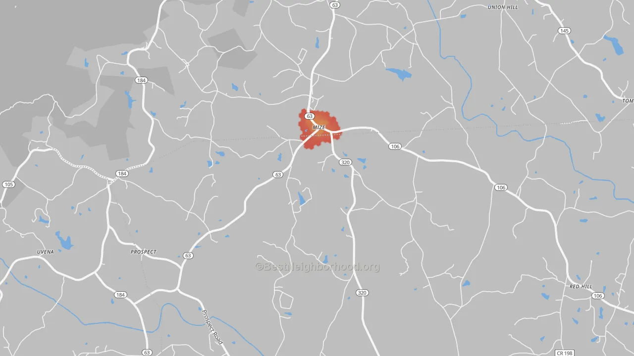Walk Grade map of Mize, GA, walkable areas in green and car-dependent areas in red