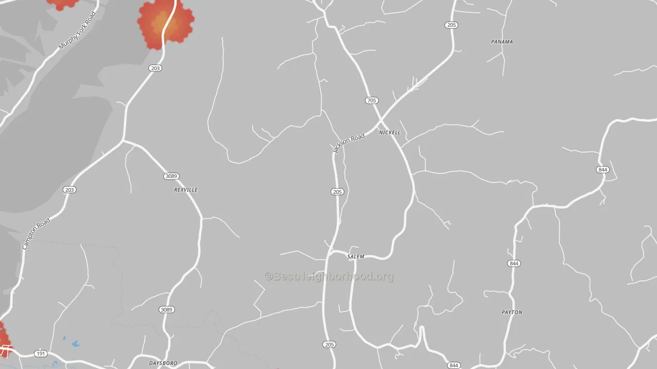 Walk Grade map of Mize, KY, walkable areas in green and car-dependent areas in red