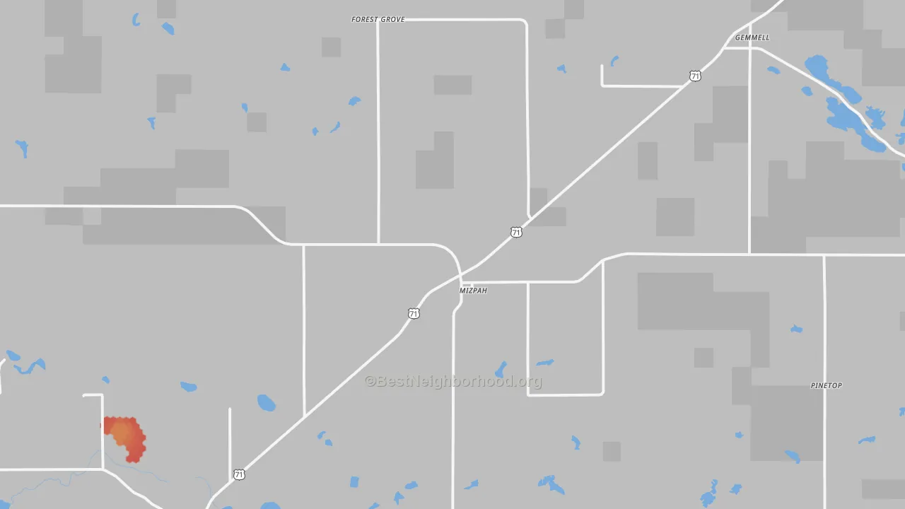 Walk Grade map of Mizpah, MN, walkable areas in green and car-dependent areas in red