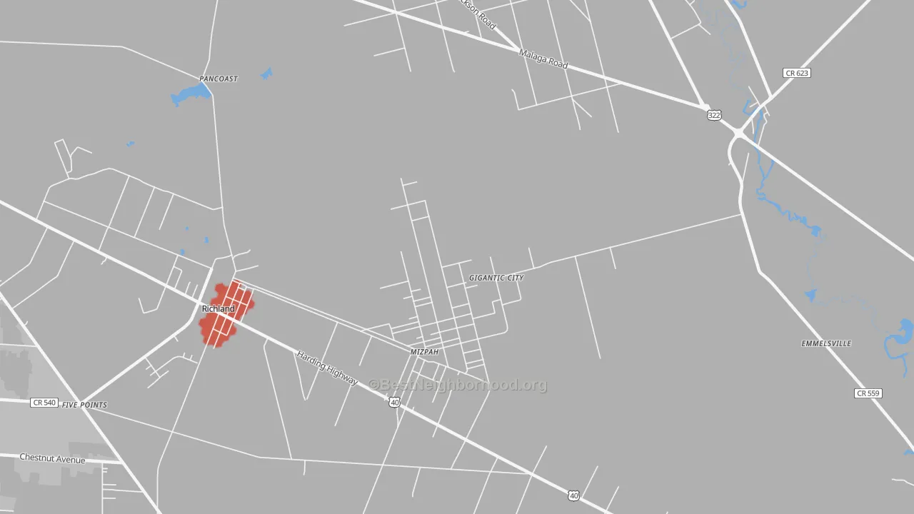 Walk Grade map of Mizpah, NJ, walkable areas in green and car-dependent areas in red