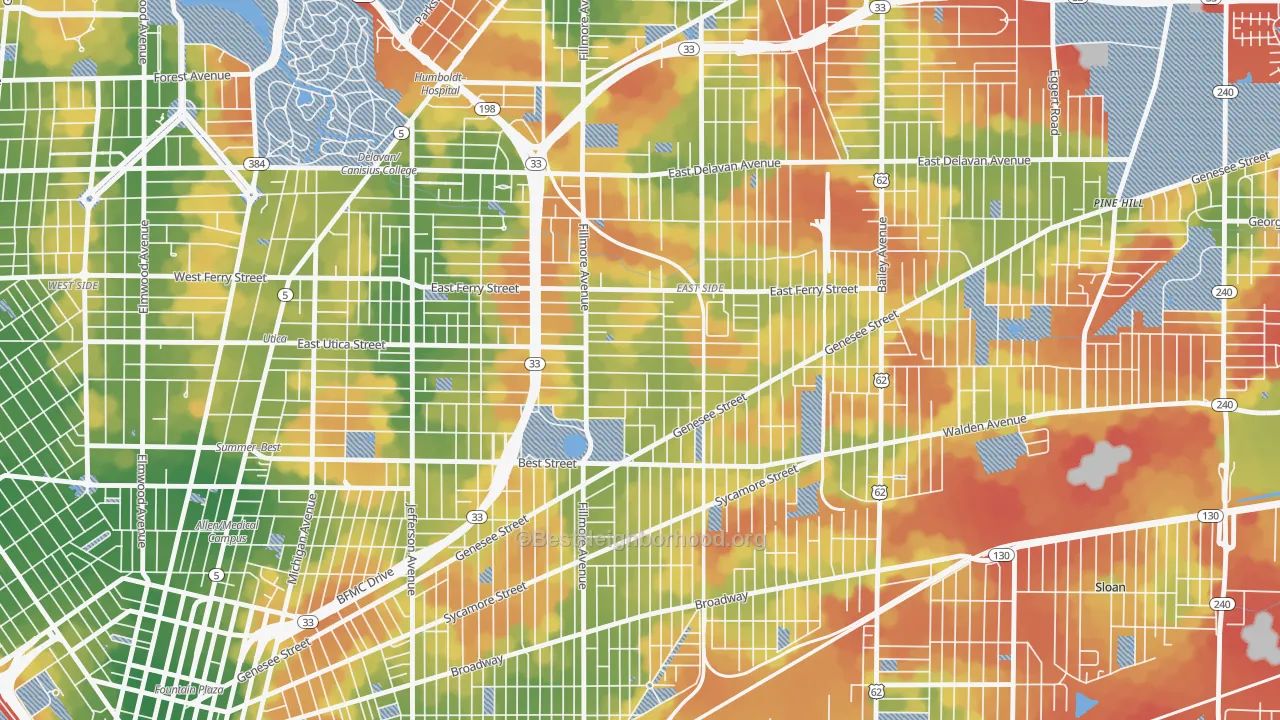 Walk Grade map of Mlk Park, Buffalo, NY, walkable areas in green and car-dependent areas in red