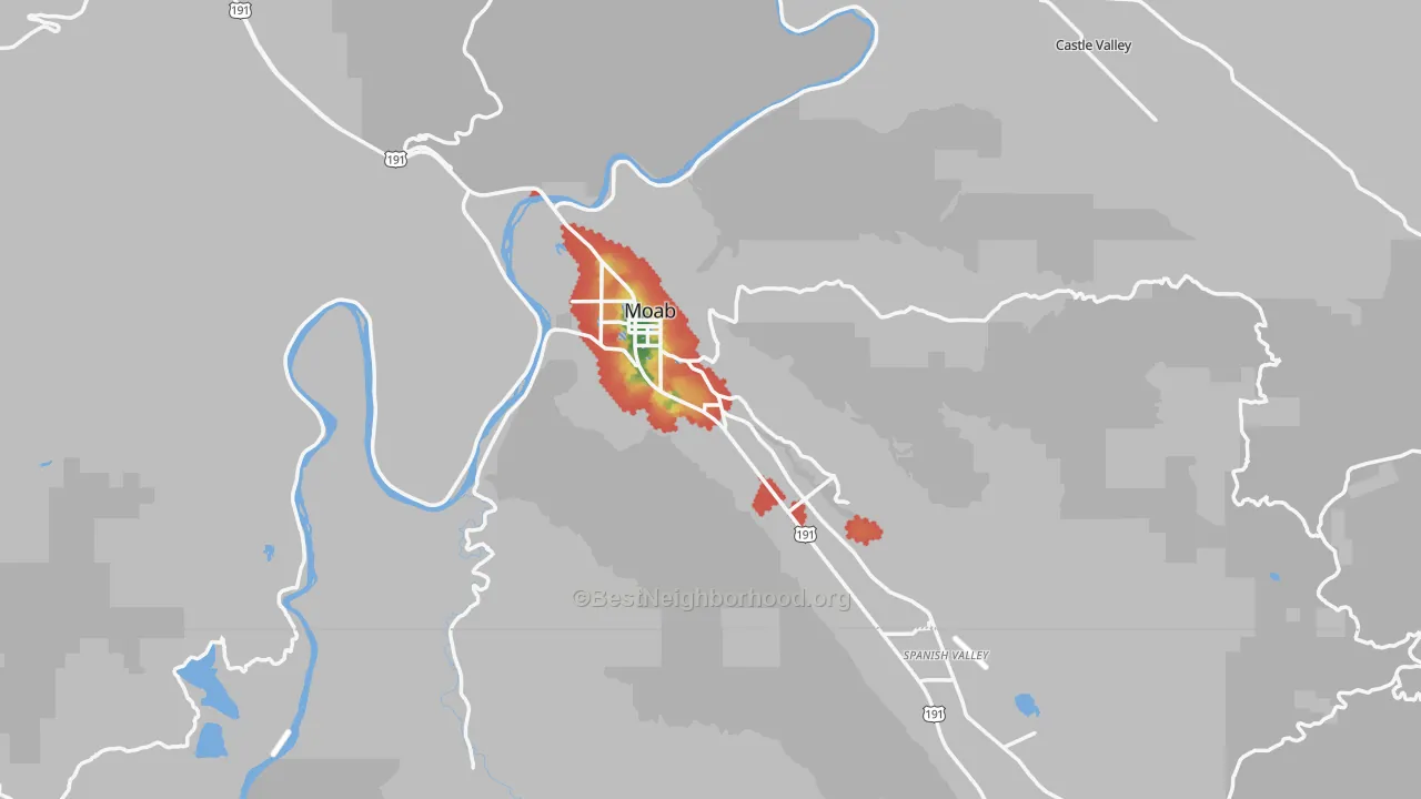 Walk Grade map of Moab, UT, walkable areas in green and car-dependent areas in red