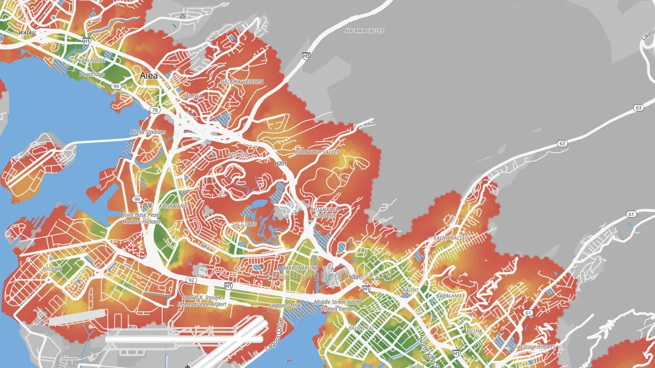 Walk Grade map of Moanalua, Honolulu, HI, walkable areas in green and car-dependent areas in red