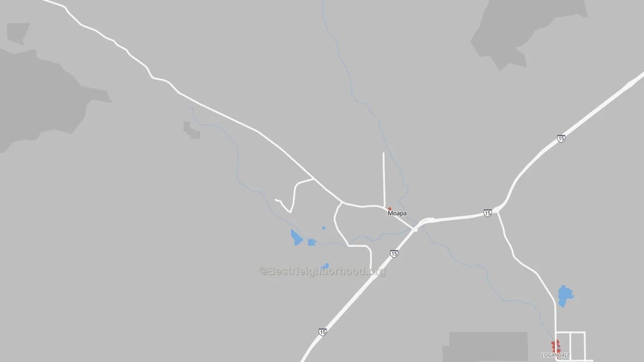 Walk Grade map of Moapa, NV, walkable areas in green and car-dependent areas in red