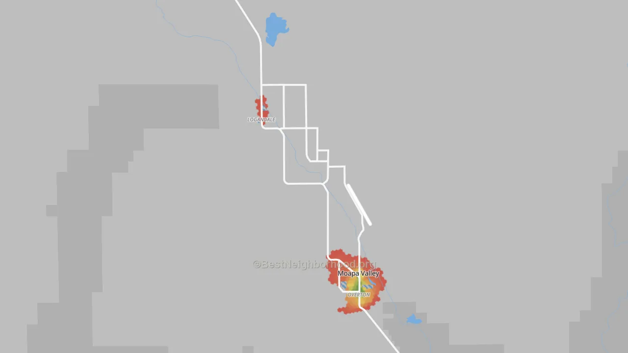 Walk Grade map of Moapa Valley, NV, walkable areas in green and car-dependent areas in red