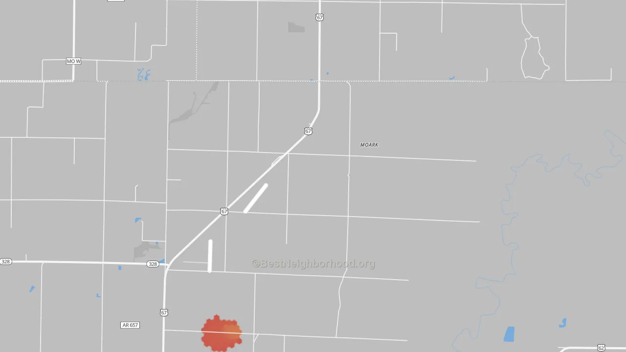 Walk Grade map of Moark, AR, walkable areas in green and car-dependent areas in red